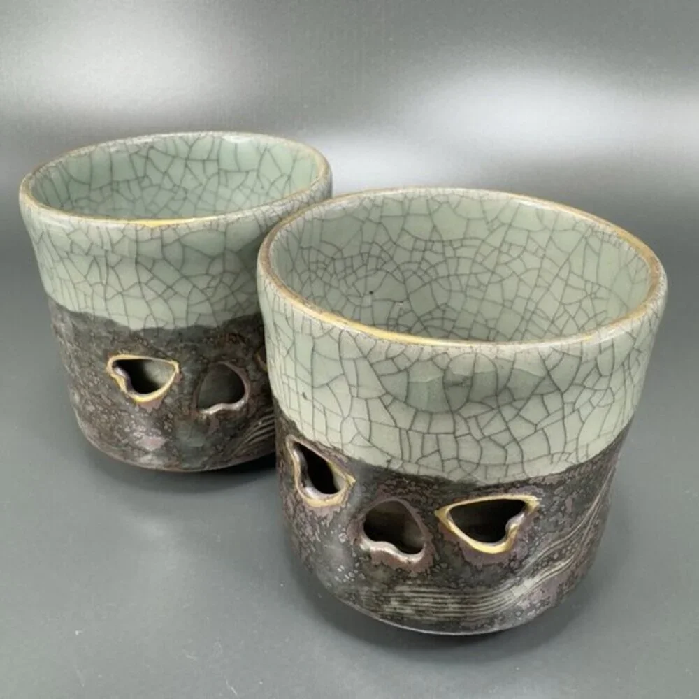 Otagiri SomaWare Gold Horse Cup Tumbler Porcelain Obori Crackled Glaze Cups Set2